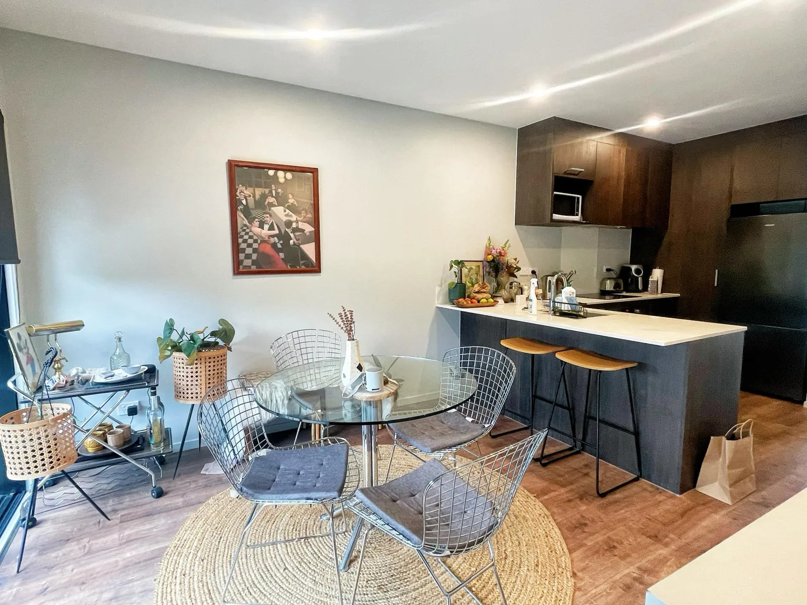 Living and dining area with light painted walls